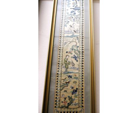 Chinese silkwork sleeve panel, 50 x 8.5cm, gilt framed together with another similar picture, 55 x 22cm, gilt framed 