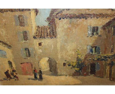 Early to mid 20th Century oil on canvas laid down on board, figures in a Continental courtyard, inscribed verso ' Malaucene, 