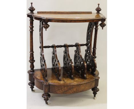 19th Century walnut D-shaped Canterbury side table with turned finials and undertier having pierced dividers, on turned taper