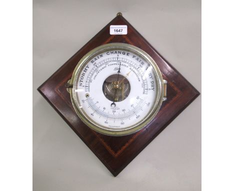 Early 20th Century brass cased holosteric compensated barometer / thermometer by Schatz, mounted on a mahogany and satinwood 