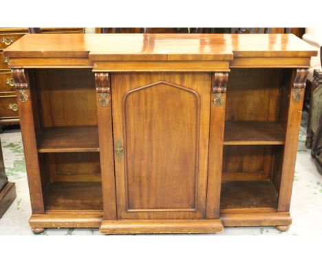 Small 19th Century mahogany breakfront bookcase / side cabinet, the plain top above a central panel door flanked by adjustabl