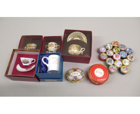 Small collection of Halcyon Days enamel trinket boxes, three items of miniature Spode in original boxes 