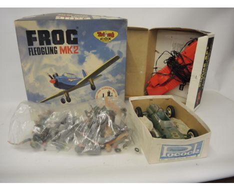Triang boxed model aircraft, Frog Fledgling Mark II, together with a box Johnny Seven phone set, a model racing car and a qua