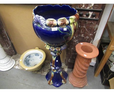 Copeland bird and floral decorated jug and basin set, large pottery jardiniere and stand (at fault), terracotta jardiniere an