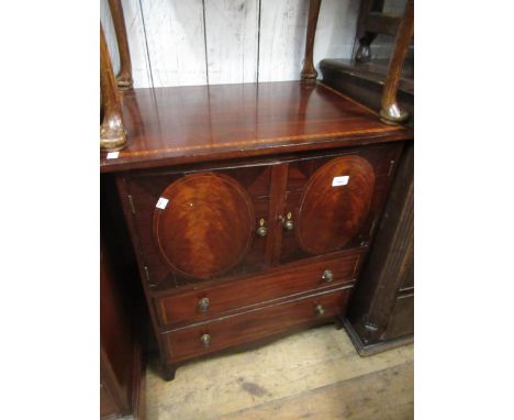 George III mahogany and line inlaid converted commode with two doors above two drawers, 65cm wide 