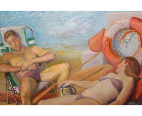 Patricia Tucker, oil on board, study of figures sunbathing, 58 x 78cm, Royal Academy Summer Exhibition label verso, framed to