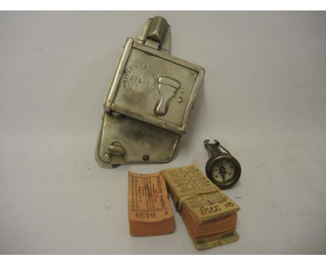 Early bus conductor's ticket machine, together with a quantity of early bus tickets and a clip-on Marble Arms compass 