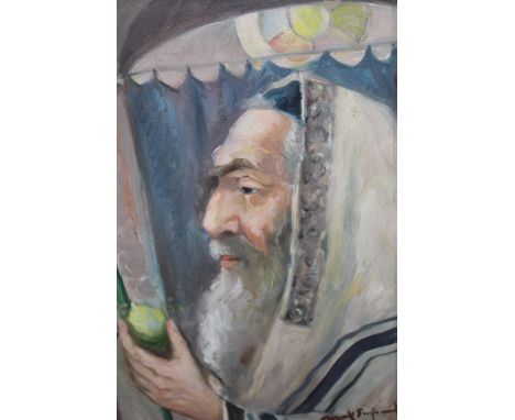 Mark Siegband, pair of oil paintings on canvas, portrait of a Jewish gentleman peeling an apple and another of a rabbi with h