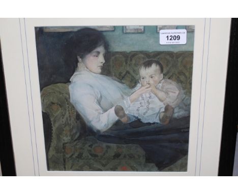 Watercolour study mother and child seated on a sofa, signed with monogram, 23cm square, framed 