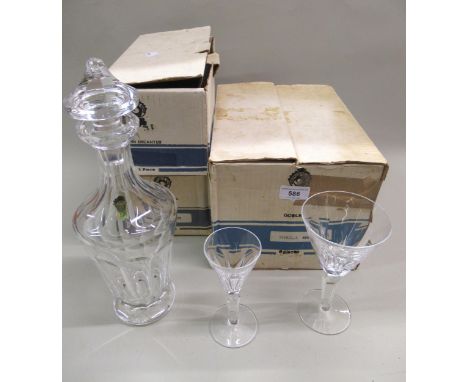 Set of six Waterford crystal Sheila pattern sherry glasses, six wine glasses and a decanter (chip to rim of one sherry glass)