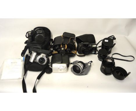 Fuji Film Finepix S4500 digital camera in carry case, together with other various lenses and a pair of Russian binoculars 