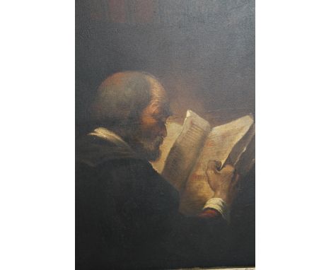 18th / 19th Century oil on panel, portrait of a scholar reading, arch top frame, 37 x 28cm 