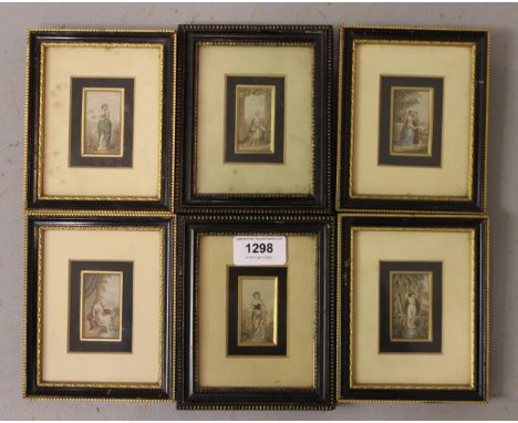 Set of six small coloured Baxter type prints in Hogarth frames, classical scenes of figures 