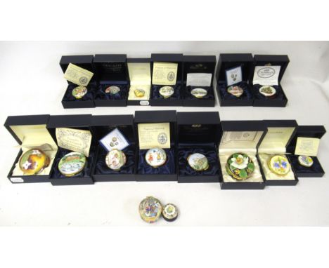 Collection of thirty eight various modern enamel boxes by Moorcroft, Halcyon Days and Crummles (two without boxes)All in good