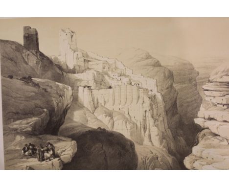 Michael Lindsey watercolour and gouache, coastal scene, 75 x 55cm, and a folio of scenes from Jordan by David Roberts contain