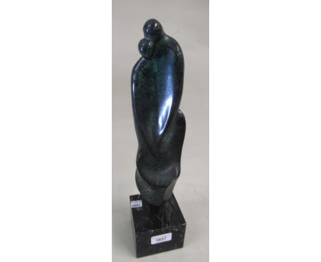 Jill Sanders patinated bronze sculpture of two figures on marble plinth base, signed in the bronze, 39cm high 