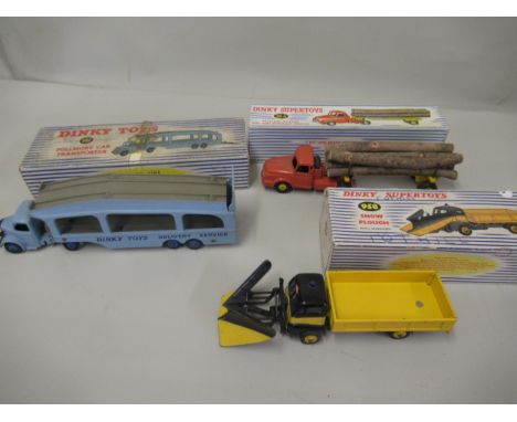 Dinky Supertoys boxed snow plough No. 958, a tractor Willeme No. 36A and a Pullmore car transporter No. 582, all in original 