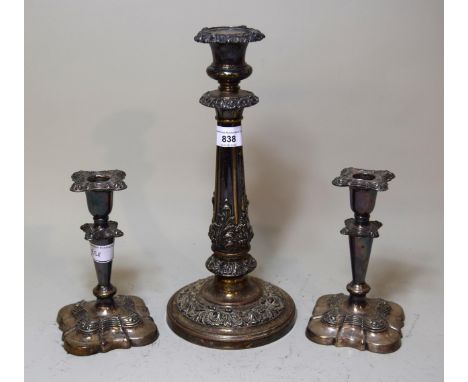 19th Century candlestick, together with a pair of plated candlesticks 