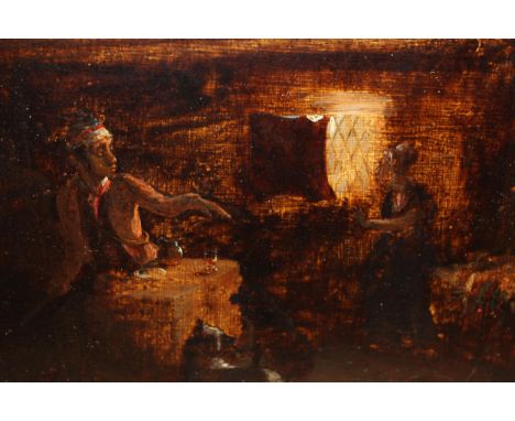 Early 19th Century oil on oak panel, cottage interior with figures, dogs and dead game on a table, 17 x 22cm 