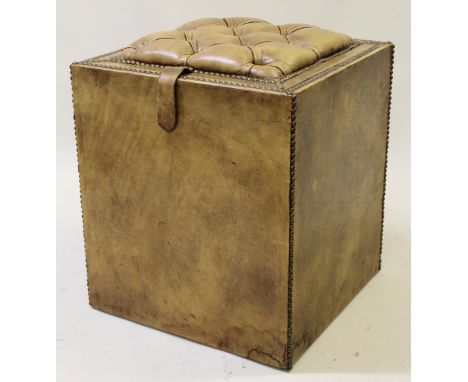 Early 20th Century green leather and brass studded trunk with pull up seat, 44 x 44 x 50cmGood condition. No damage or losses