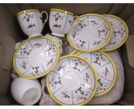 Shelley Art Deco design part tea service in yellow, black and white Art Deco design6 saucers (one with large crack)6 cups (on