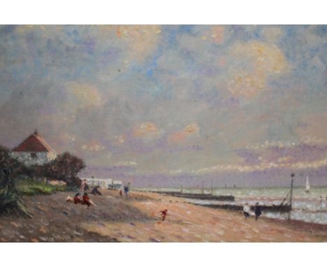 E.H. Mowforth, signed oil on canvas board, figures on a beach, 35 x 45cm 