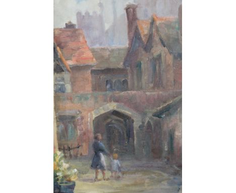 Two unframed oils, figures and child in a courtyard ' Tudor Cloisters Hampton Court ', and figures and horses by a lake, sign
