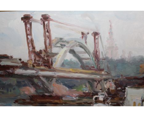 Vasily Michailovich Bokov, oil on board, river scene with bridge under construction and figures on a quayside, inscription an
