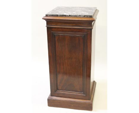 Late 19th Century mahogany marble top bedside cabinet with single panel door, on plinth base, 79cm high x 38cm wide x 36cm de