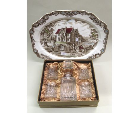 Heritage Hall Staffordshire pottery oval meat plate, ' Gothic Country House ', together with a boxed set of a lead crystal wh
