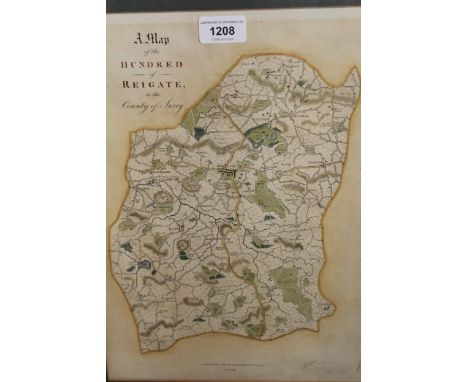 Antique map of the hundred of Reigate, Surrey, 35 x 25cm, together with three other framed coloured prints of Reigate Priory,