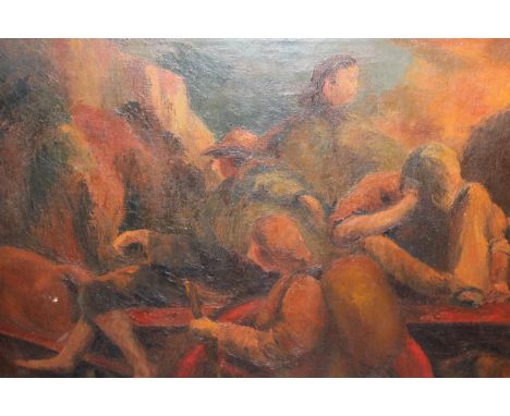 Oil on canvas, group of figures in a sunset, bearing inscription verso ' Edward Burra ', 50 x 76cm, gilt framed 