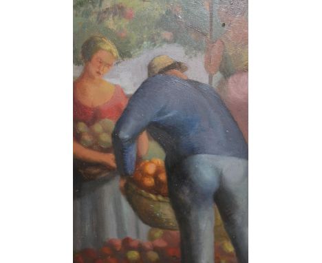 Bloomsbury Group style oil on mahogany panel, figures picking fruit in an orchard, 35 x 22cm 
