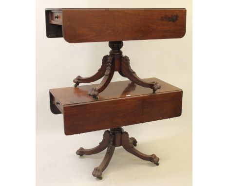 Pair of 19th Century mahogany drop-leaf sofa tables (joining to make a dining table), with single end drawers and carved swep