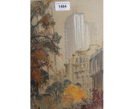 Patrick Jobson, monogrammed coloured chalk drawing, cityscape with two figures in a park to foreground (also artist label ver