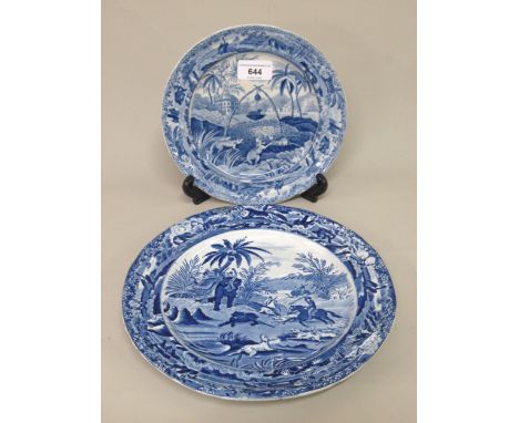 James & Ralph Clews, blue and white plates, hunting scenes, ' Death of a Wolf ' and ' Death of a Bear ' (the latter with mino