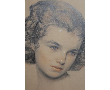 F. Haas, pencil and red crayon drawing, portrait of a girl, signed F. Haas.T 41, 25 x 20cm, gilt framed 