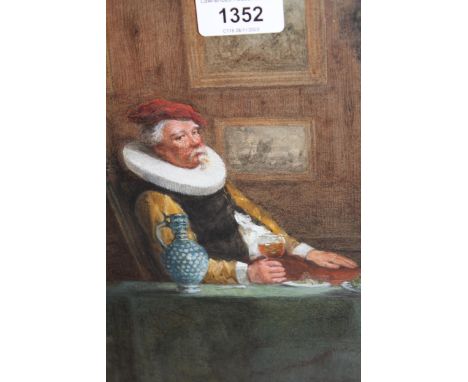 19th Century watercolour and bodycolour, portrait of a 16th Century gentleman seated at a table, 23 x 18cm 