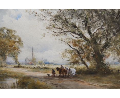 Henry John Kinnaird signed watercolour, figures and horses in a landscape with distant view of Salisbury 