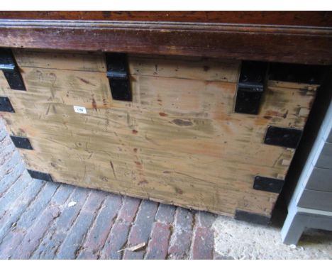 19th Century pine ironbound trunk with hinged cover, 91cm wide, together with a similar stained pine trunk 