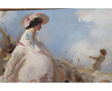 Modern British School oil on panel, young lady seated on a hillside with boy flying a kite, 30 x 40cm 