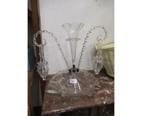 Victorian clear glass four stem epergne with hanging baskets 