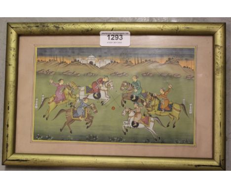 Pair of finely executed Indian gouache paintings, sporting scenes with figures riding elephants and horses, gilt framed, 12 x