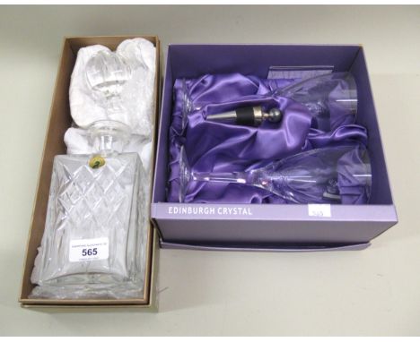 Waterford square cut glass decanter with stopper together with a boxed pair of Edinburgh crystal goblets with bottle stopper 