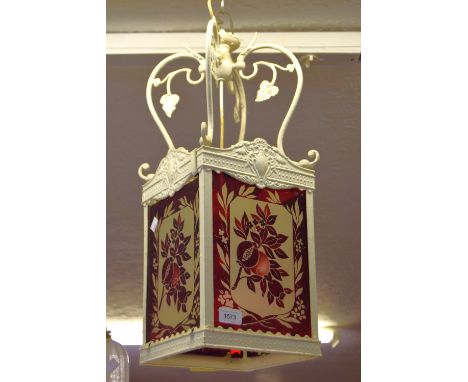 Early 20th Century painted metal and red flash glass lantern form light fitting, 60cm high approximatelyClips  missing to hol