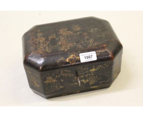 Late 19th / early 20th Century Chinese black chinoiserie decorated tea caddy with pewter lined interiorSome cracks to cover a