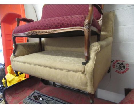 Early 20th Century upholstered two seat sofa on low shaped supports, 135cm wide x 86cm high x 94cm, together with a Bergere a