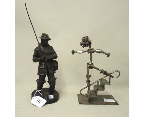 Bronzed resin figure of a fisherman together with a modern nut and bolt sculpture of a roller-skater 