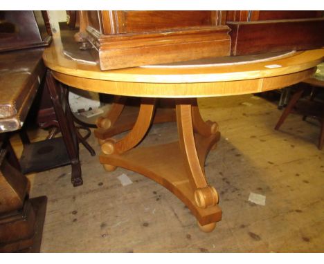 Mid to late 20th Century honey oak and sycamore crossbanded twin pedestal D-end dining table, raised on stylised tripod suppo