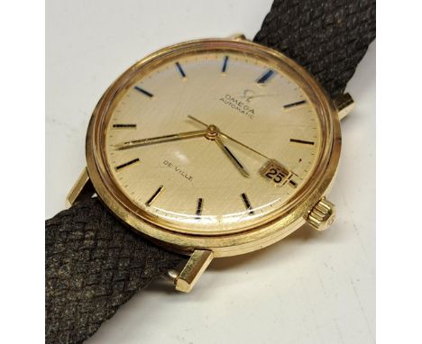 Gentleman's 18ct gold cased Omega De Ville automatic wristwatch, the gilt brushed dial with baton numerals, date aperture and